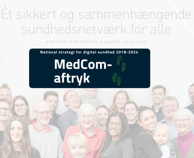 Baggrund: forside af national strategi for digital sundhed. Forgrund blå kasse med tekst: 
