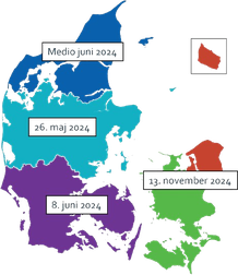 Danmarkskort vedr. idriftsættelse af Advis om sygehusophold. Opdateret maj 2024