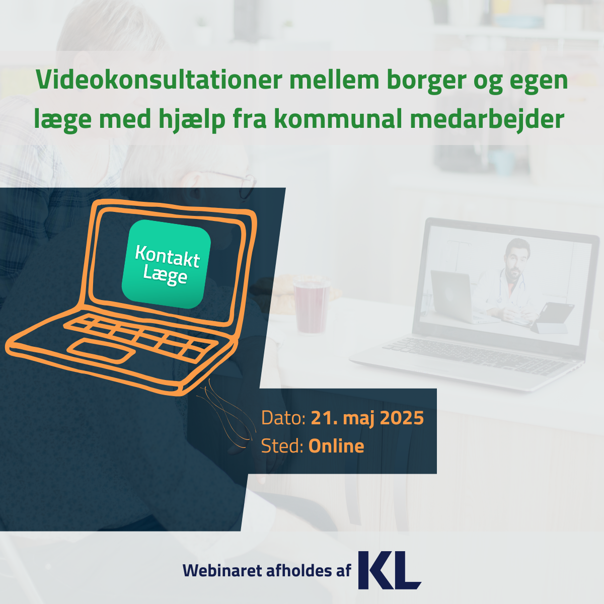 Illustration omkring webinar d. 21. maj 2025 om Kontakt Læge-appen
