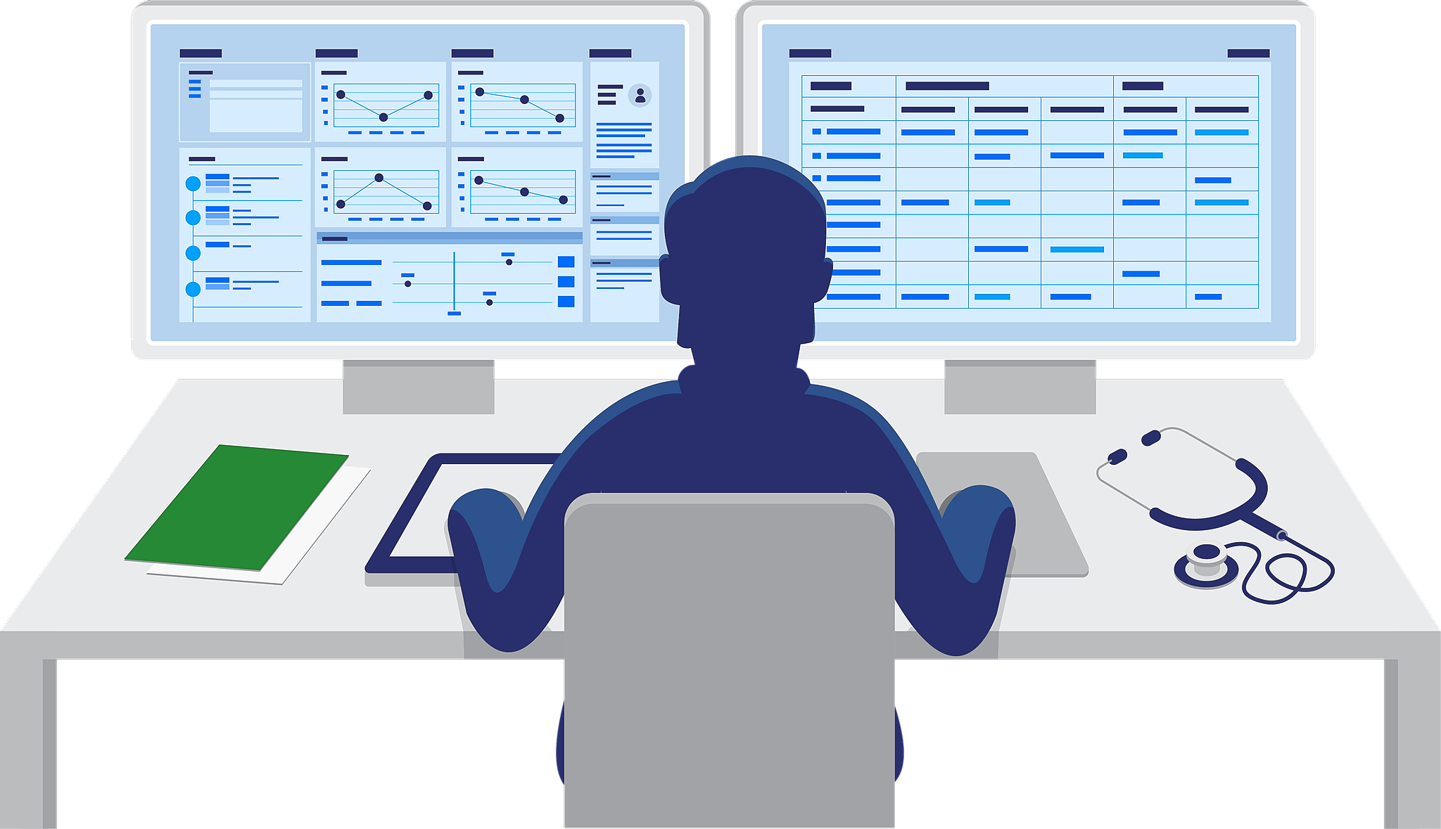 Læge, der sidder ved sit skrivebord og har sit 