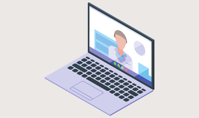 Illustration med PC med læge i videokald
